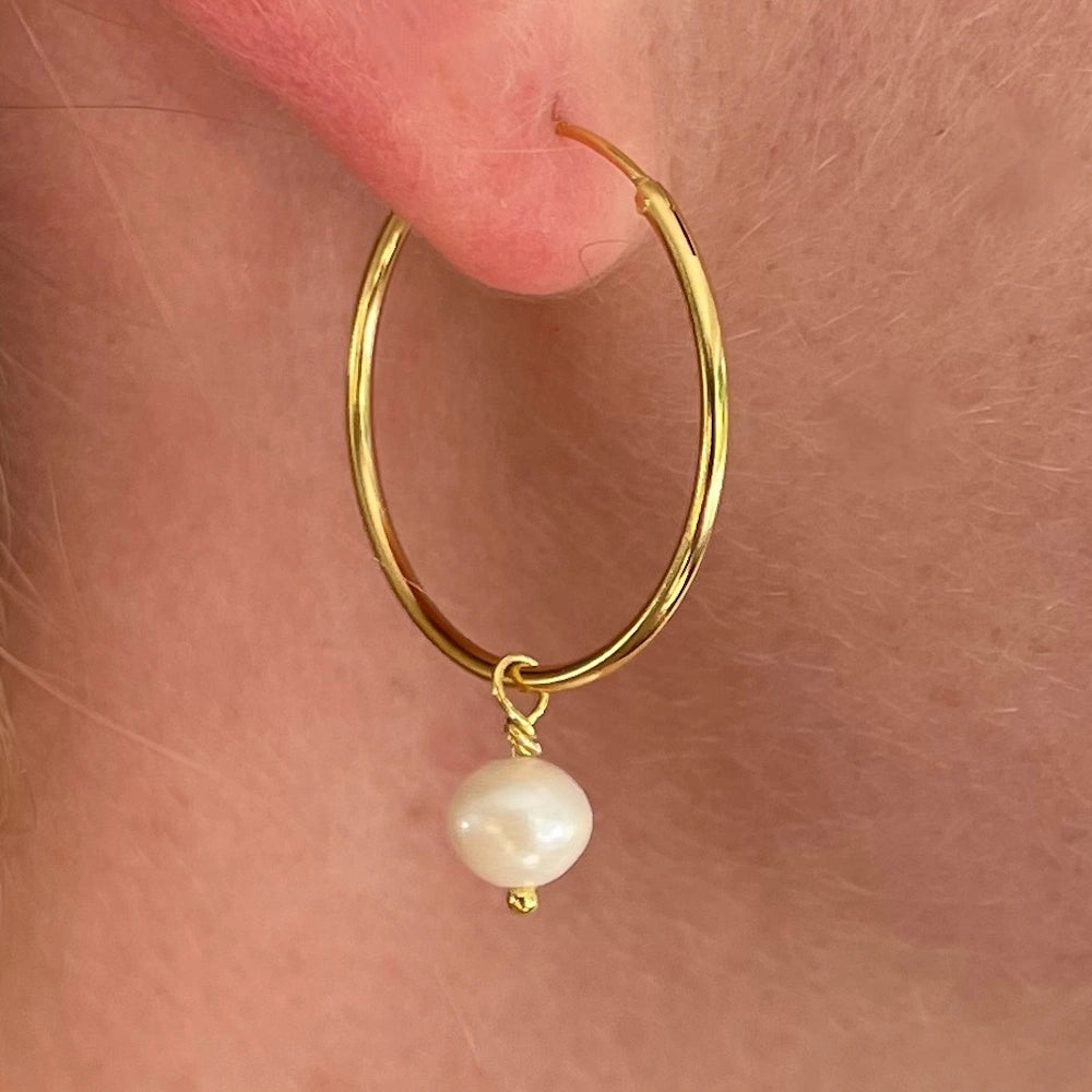 GOLD SMALL FRESHWATER PEARL DROP HOOP EARRINGS