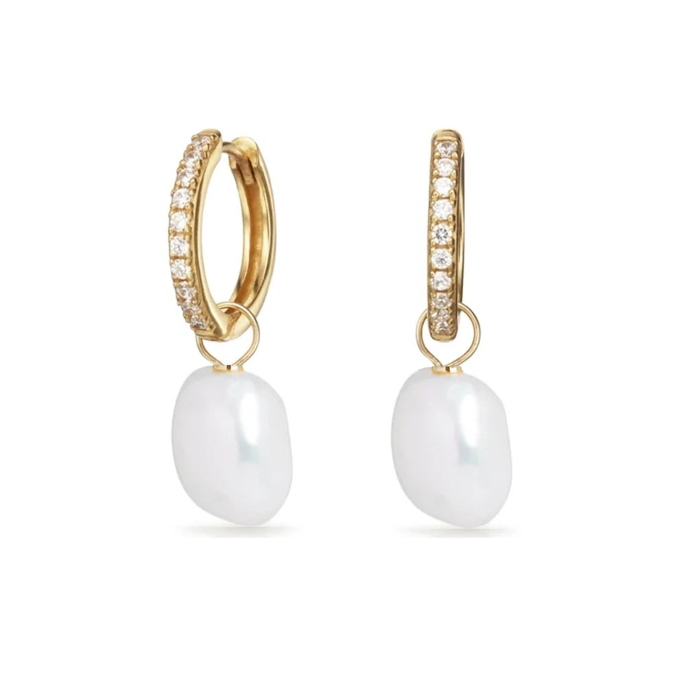 GOLD DIAMOND LARGE FRESHWATER PEARL DROP HOOP EARRINGS