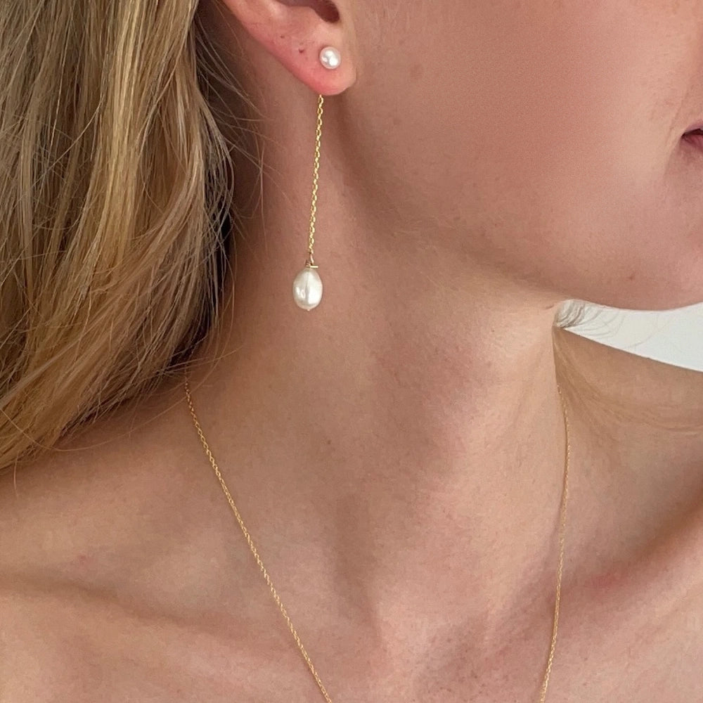 GOLD DOUBLE FRESHWATER PEARL DROP EARRINGS