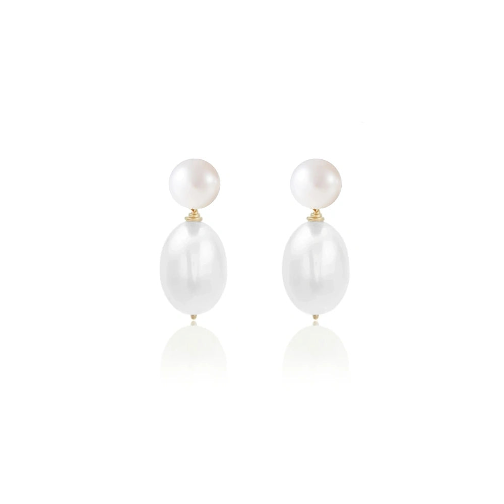 SILVER DOUBLE FRESHWATER PEARL DROP STUD EARRINGS