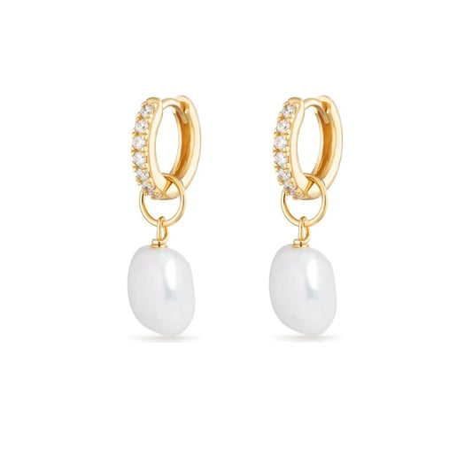 GOLD HUGGIE FRESHWATER PEARL DROP EARRINGS