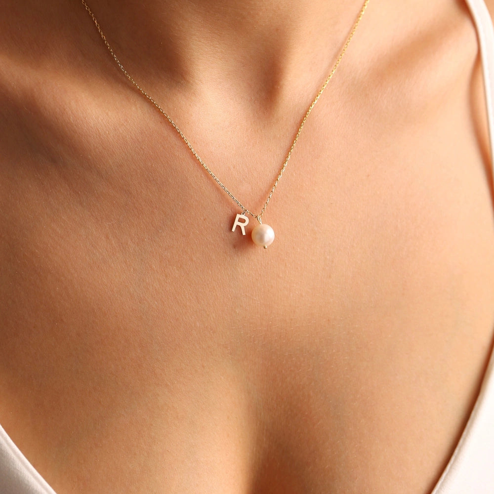 SILVER INITIAL & FRESHWATER PEARL DROP NECKLACE