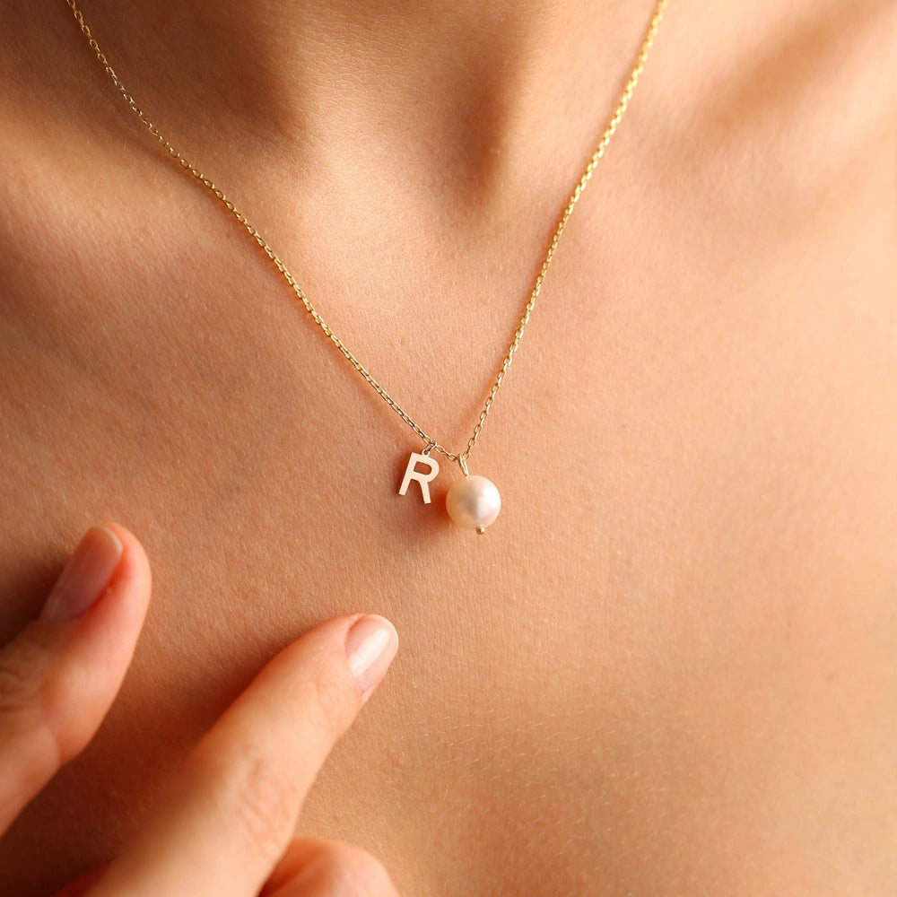 SILVER INITIAL & FRESHWATER PEARL DROP NECKLACE