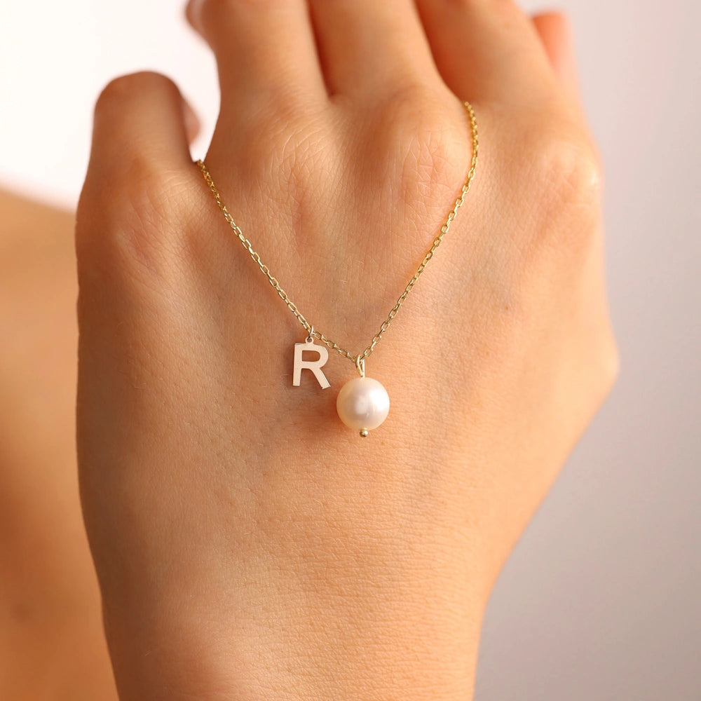 SILVER INITIAL & FRESHWATER PEARL DROP NECKLACE