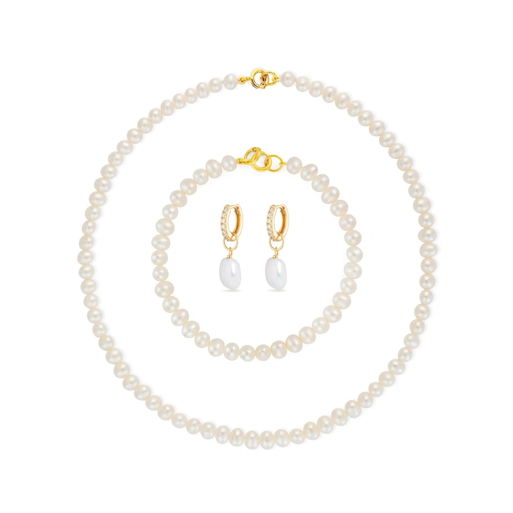 GOLD BRIDAL FRESHWATER PEARL BRIDE NECKLACE BRACELET AND EARRING SET