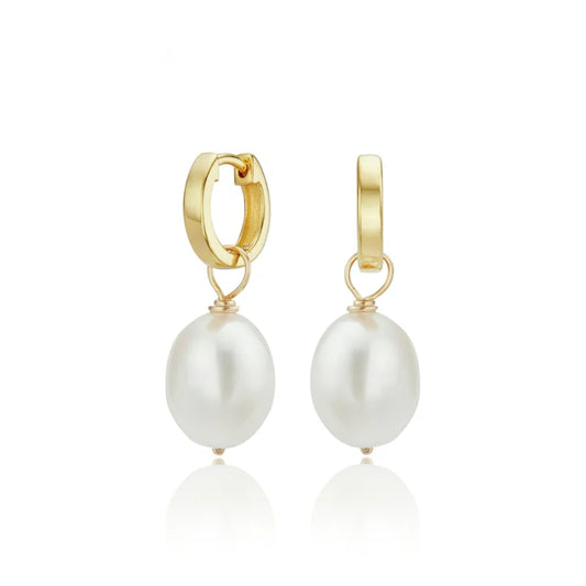 GOLD PLAIN HUGGIE FRESHWATER PEARL DROP HOOP EARRINGS