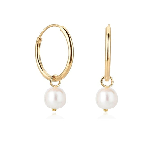 GOLD SMALL FRESHWATER PEARL DROP HOOP EARRINGS