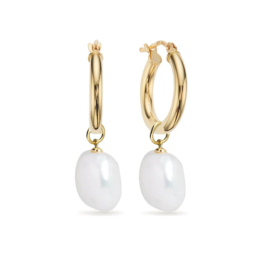 GOLD SMALL ROUNDED FRESHWATER PEARL HOOP EARRINGS