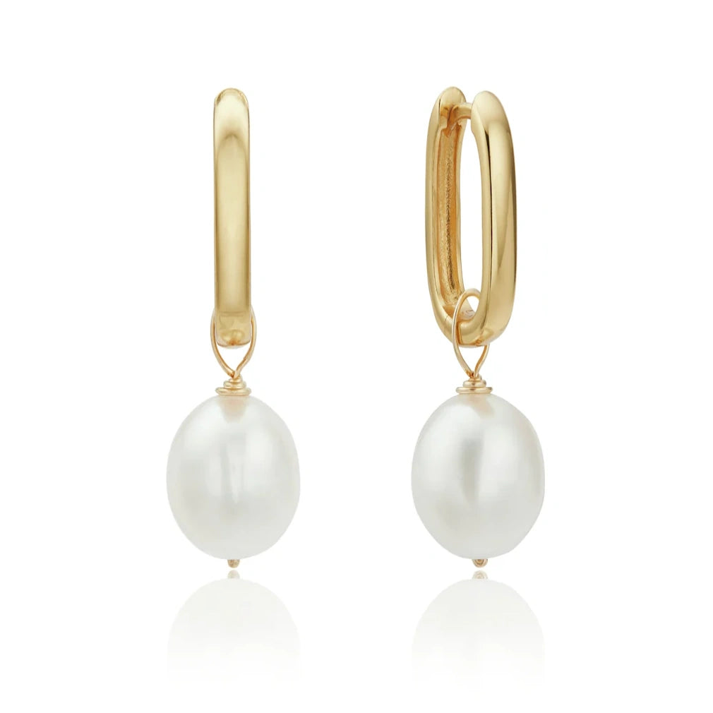 GOLD OVAL HOOP FRESHWATER PEARL DROP EARRINGS