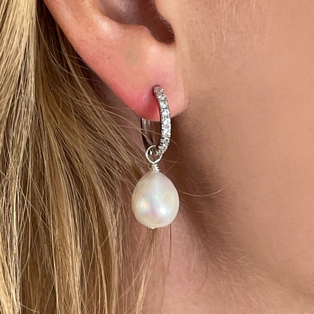 SILVER DIAMOND LARGE FRESHWATER PEARL DROP HOOP EARRINGS