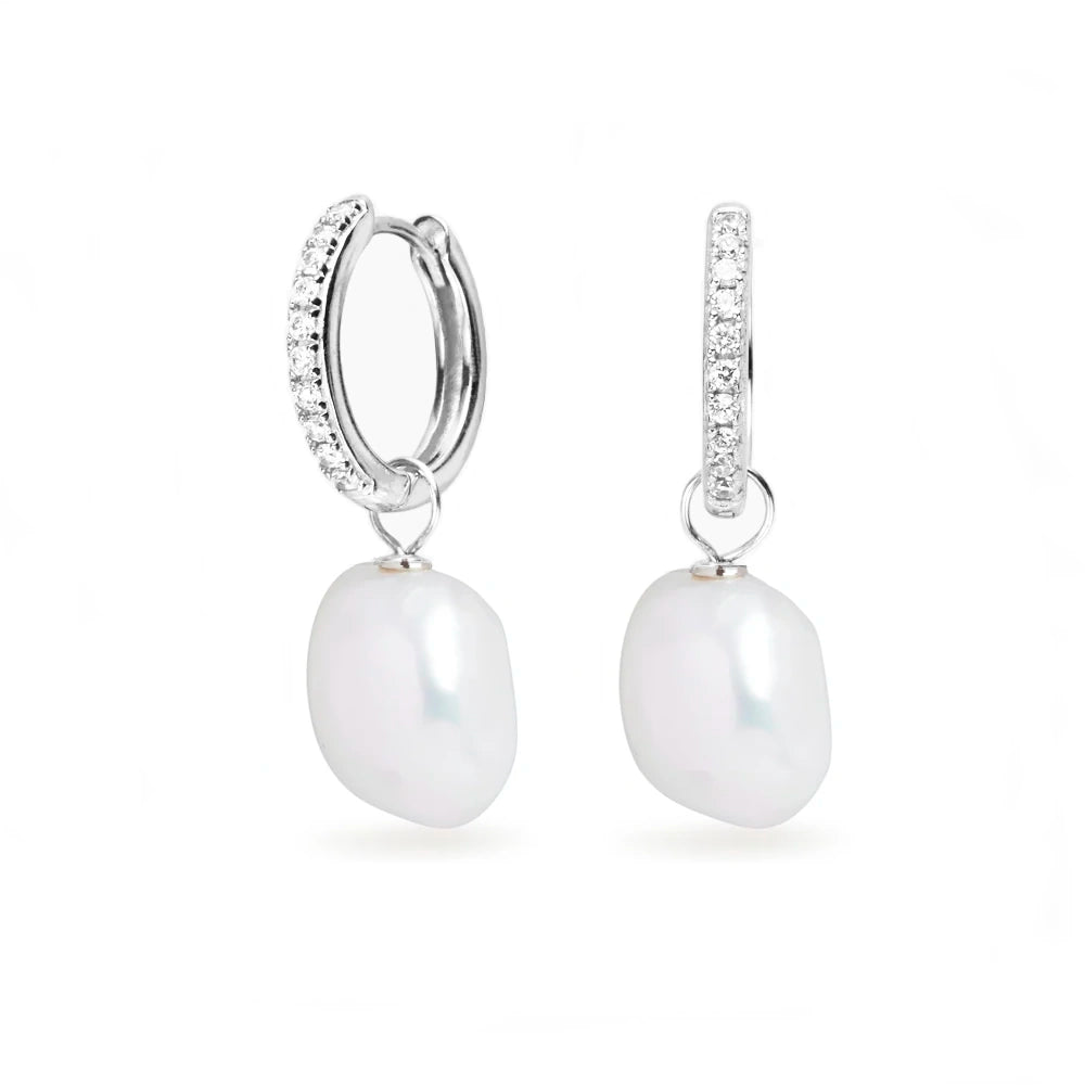 GOLD DIAMOND LARGE FRESHWATER PEARL DROP HOOP EARRINGS