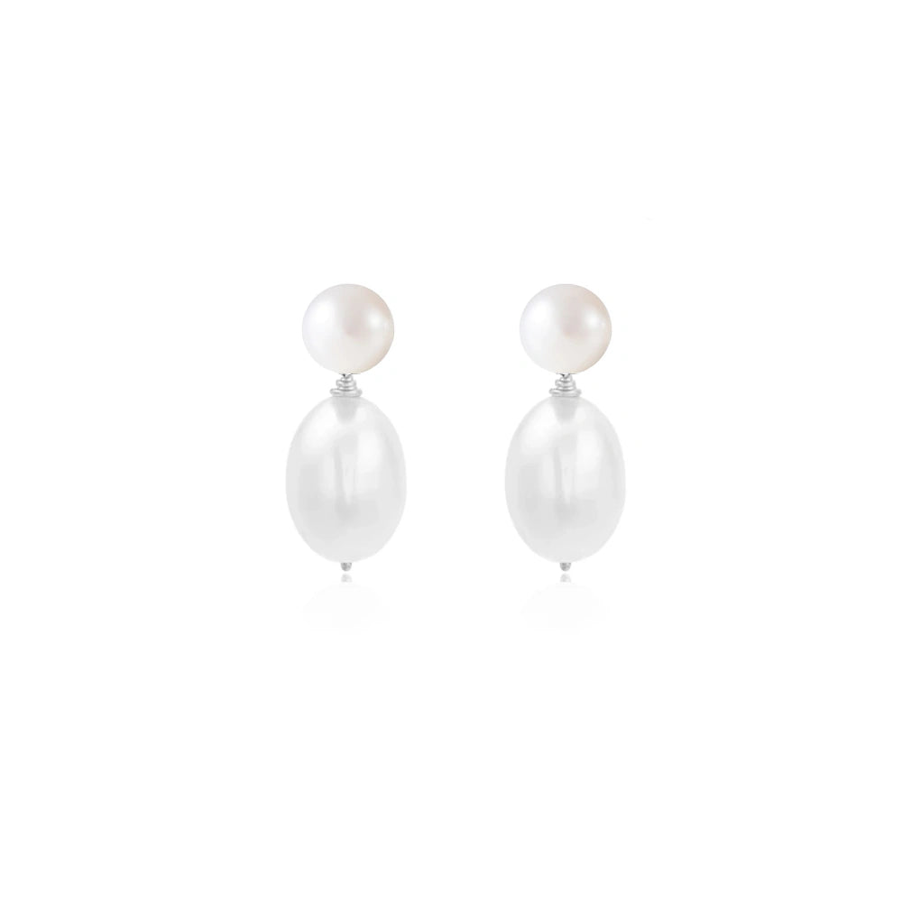 SILVER DOUBLE FRESHWATER PEARL DROP STUD EARRINGS