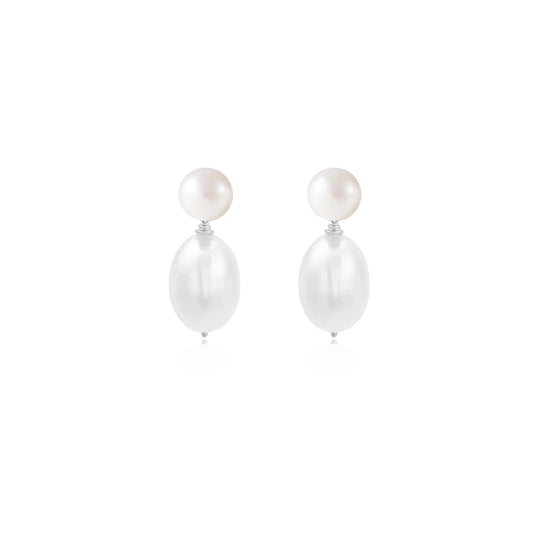 SILVER DOUBLE FRESHWATER PEARL DROP STUD EARRINGS