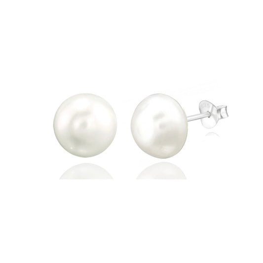 SILVER FRESHWATER PEARL BUTTON STUD EARRINGS