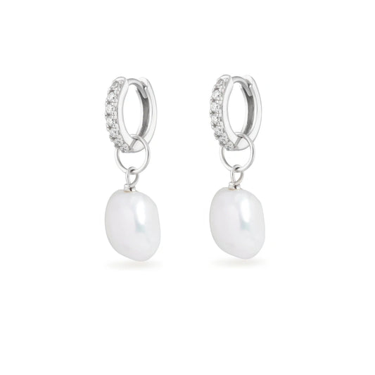 SILVER HUGGIE FRESHWATER PEARL DROP EARRINGS