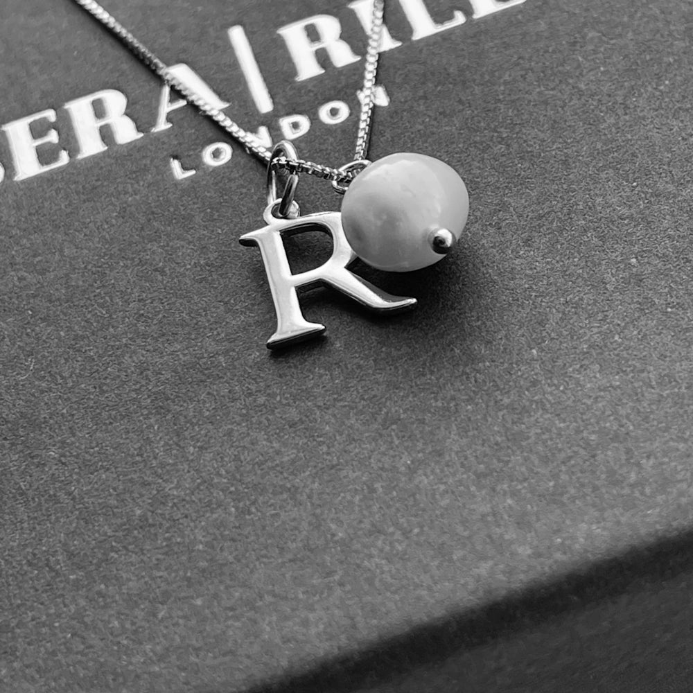 SILVER INITIAL & FRESHWATER PEARL DROP NECKLACE