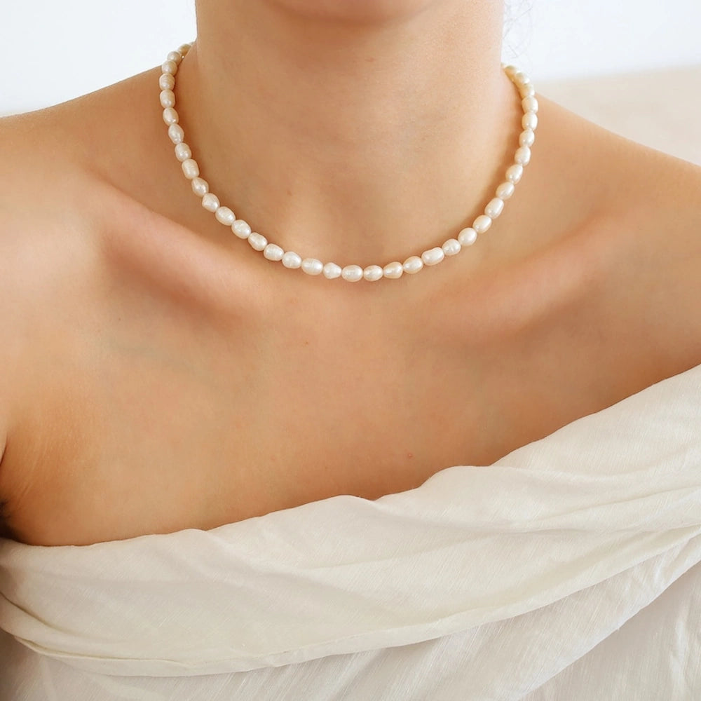 SILVER LARGE SEED FRESHWATER PEARL CHOKER NECKLACE