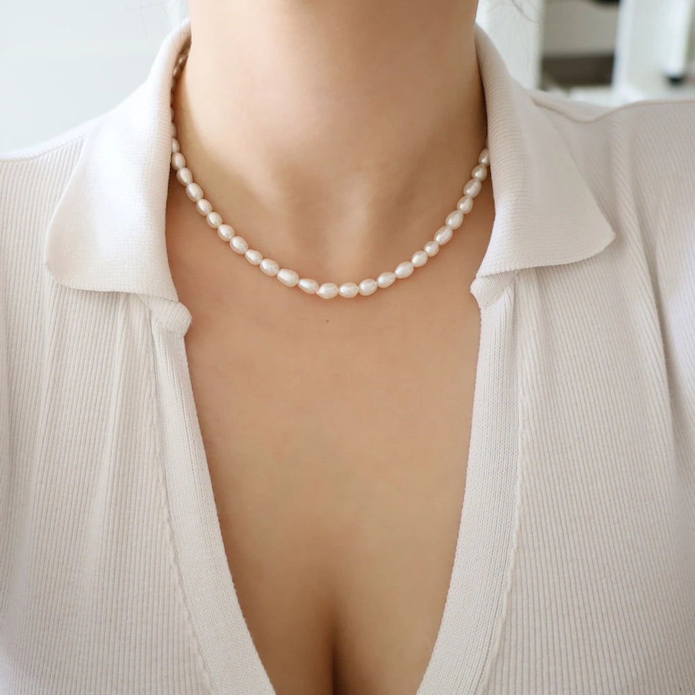 SILVER LARGE SEED FRESHWATER PEARL CHOKER NECKLACE