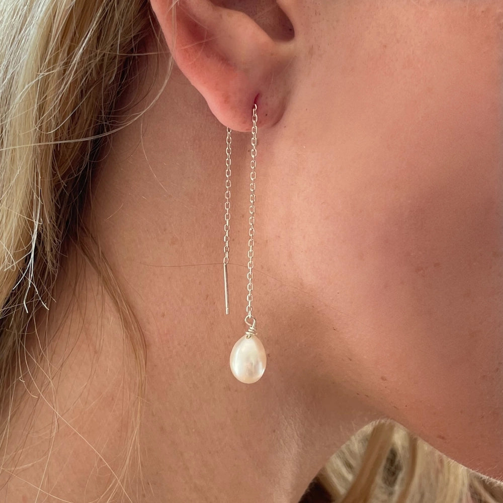 SILVER LARGE FRESHWATER PEARL DROP EAR THREADER