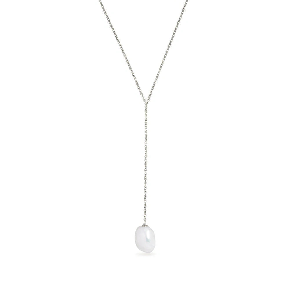 SILVER LARGE FRESHWATER PEARL LARIAT NECKLACE