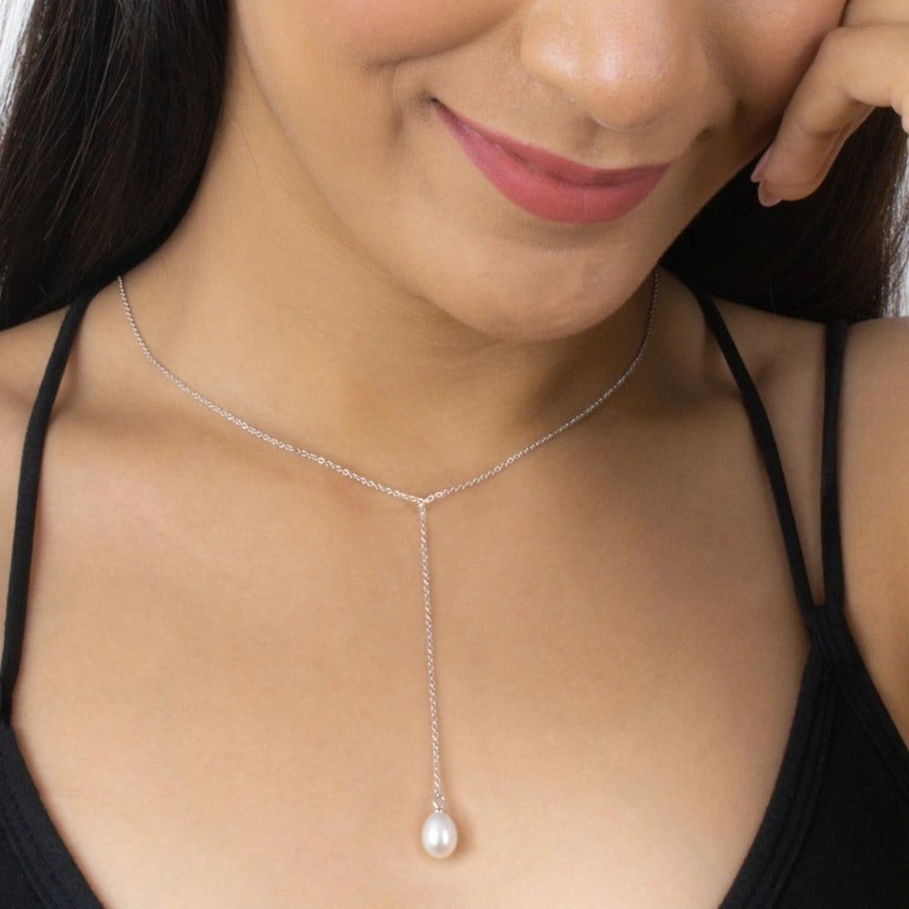 SILVER LARGE FRESHWATER PEARL LARIAT NECKLACE