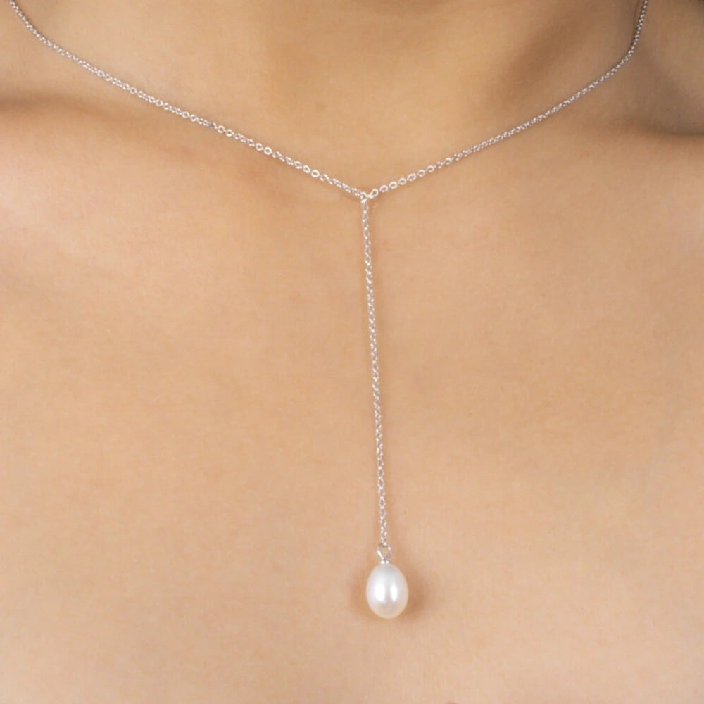 SILVER LARGE FRESHWATER PEARL LARIAT NECKLACE