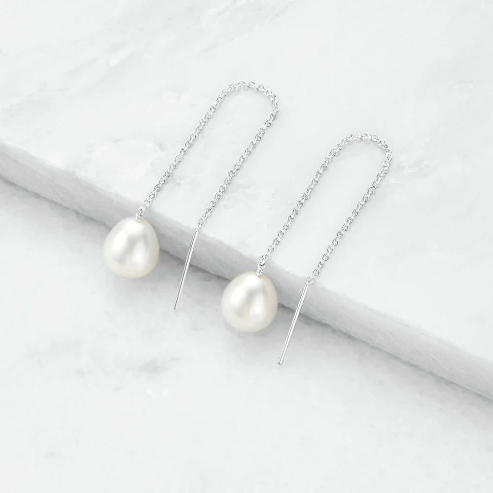 SILVER LARGE FRESHWATER PEARL DROP EAR THREADER