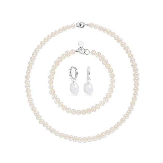 SILVER BRIDAL FRESHWATER PEARL BRIDE NECKLACE BRACELET AND EARRING SET