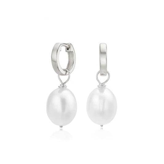 SILVER PLAIN HUGGIE FRESHWATER PEARL DROP HOOP EARRINGS