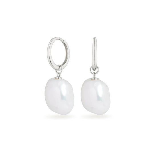 SILVER ROUND FRESHWATER PEARL DROP HUGGIE HOOP EARRINGS