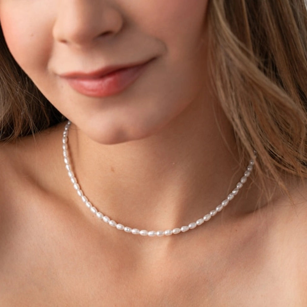 SILVER SMALL SEED FRESHWATER PEARL CHOKER NECKLACE