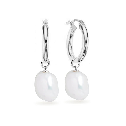 SILVER SMALL ROUNDED FRESHWATER PEARL HOOP EARRINGS