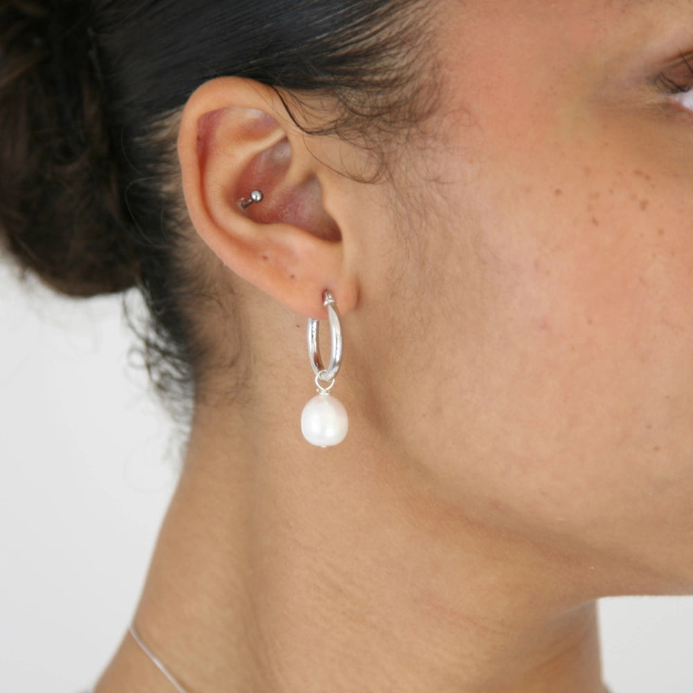 SILVER SMALL ROUNDED FRESHWATER PEARL HOOP EARRINGS