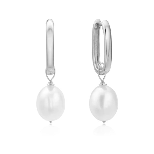 SILVER OVAL HOOP FRESHWATER PEARL DROP EARRINGS